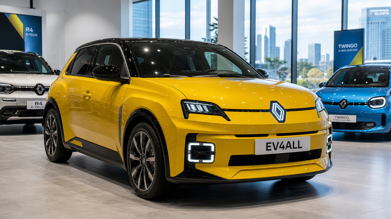 Carro elétrico compacto amarelo Renault EV4ALL em exposição interna com outros modelos ao fundo.