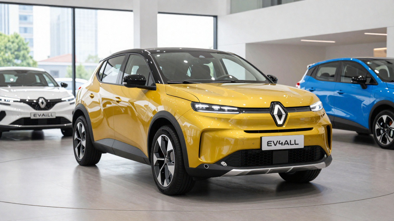 Carro elétrico Renault EV4ALL amarelo exposto em concessionária moderna com outros veículos ao fundo.
