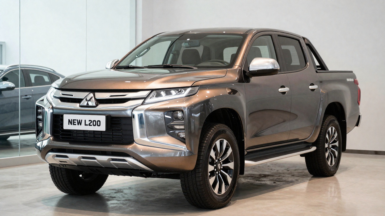 Picape prata Mitsubishi New L200 estacionada em ambiente interno, vista frontal direita.