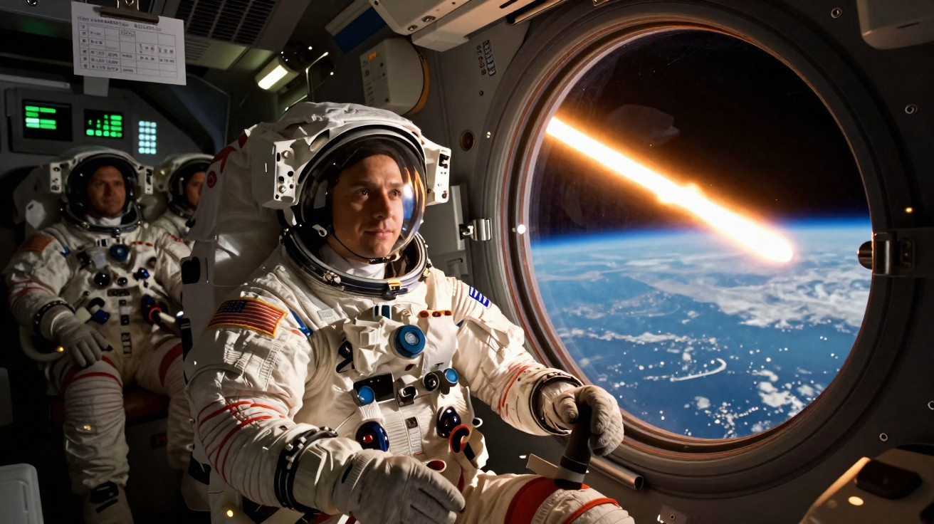 Dois astronautas em trajes espaciais dentro de uma nave, observando um meteoro entrando na atmosfera da Terra.