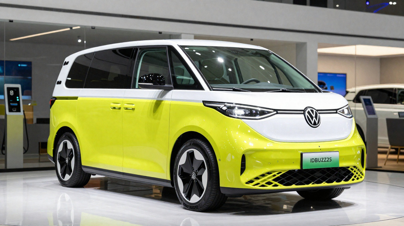 Carro elétrico Volkswagen ID.Buzz em duas cores, amarelo e branco, exibido em salão automotivo.