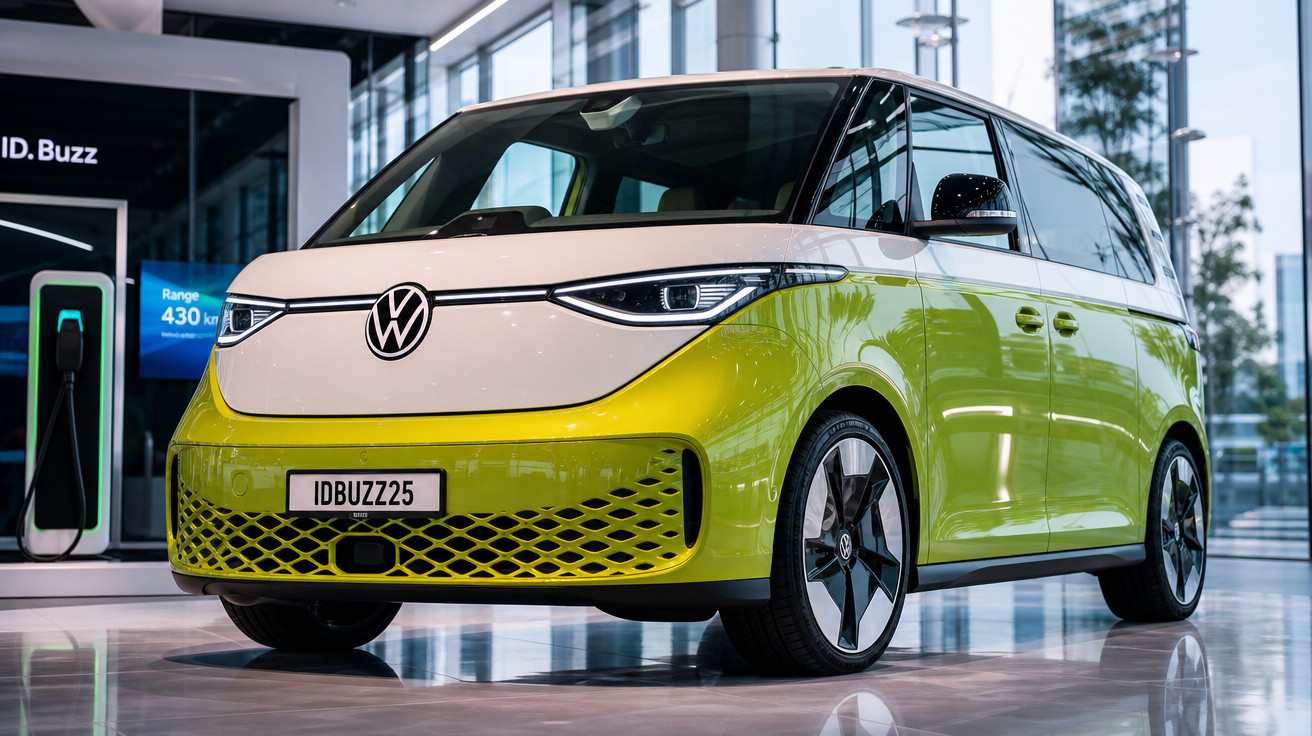 Carro elétrico Volkswagen ID.Buzz em showroom moderno com detalhes em branco e verde-limão.