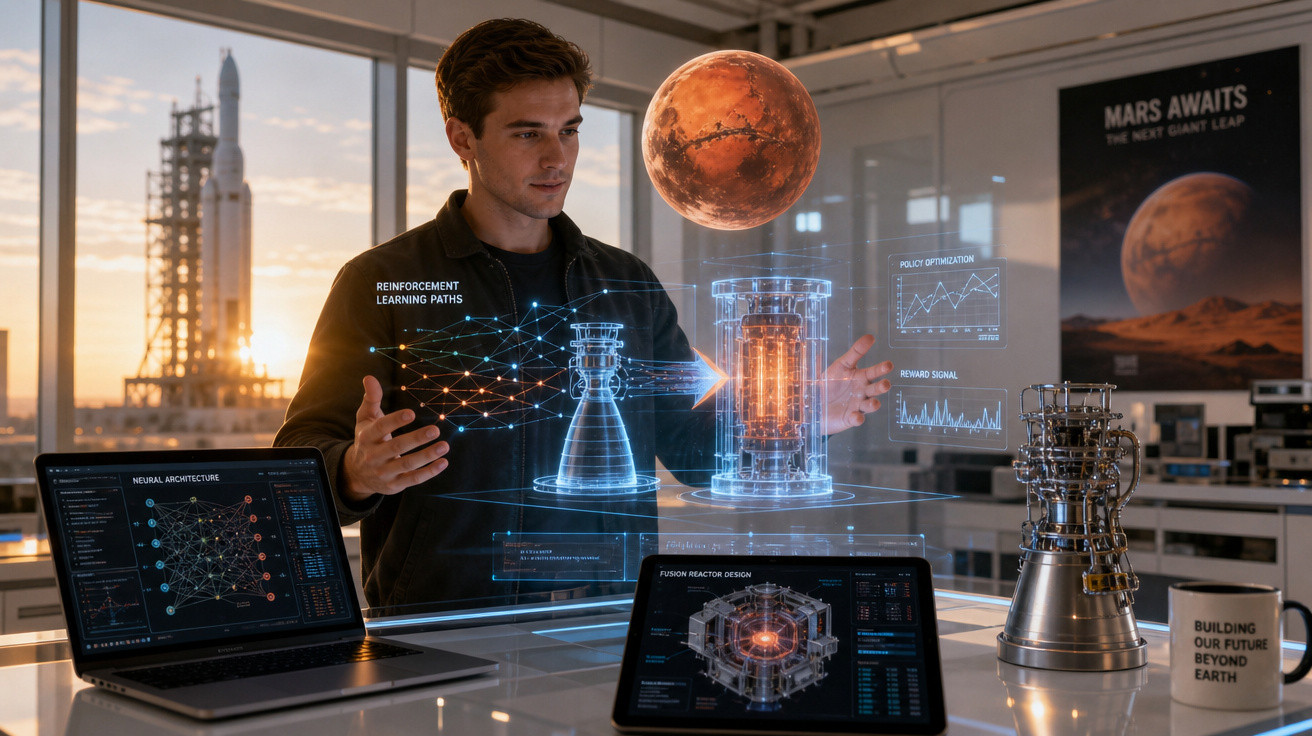 Homem interage com projeções holográficas de tecnologia e Marte em laboratório futurista com foguete ao fundo.