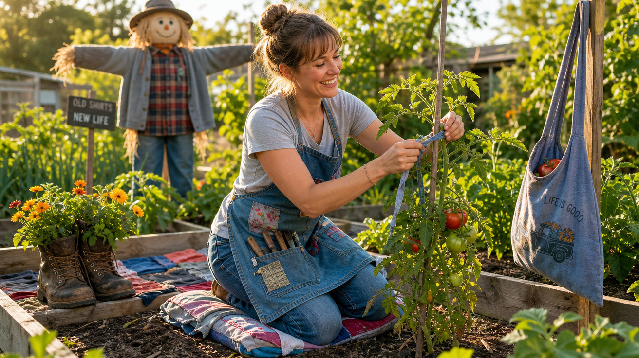 Mulher sorrindo cuidando de planta de tomate em horta com espantalho e flores ao fundo.