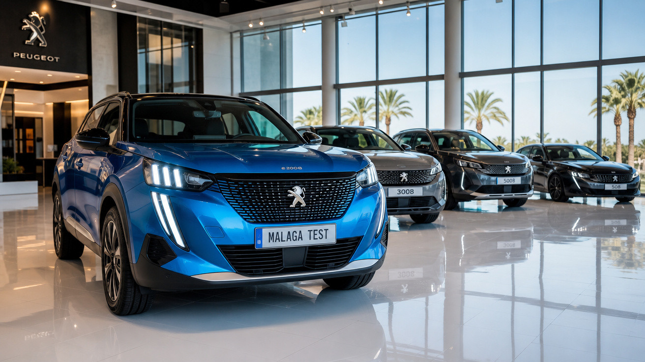 Carros Peugeot novos expostos em concessionária com grande vitrine e iluminação natural.