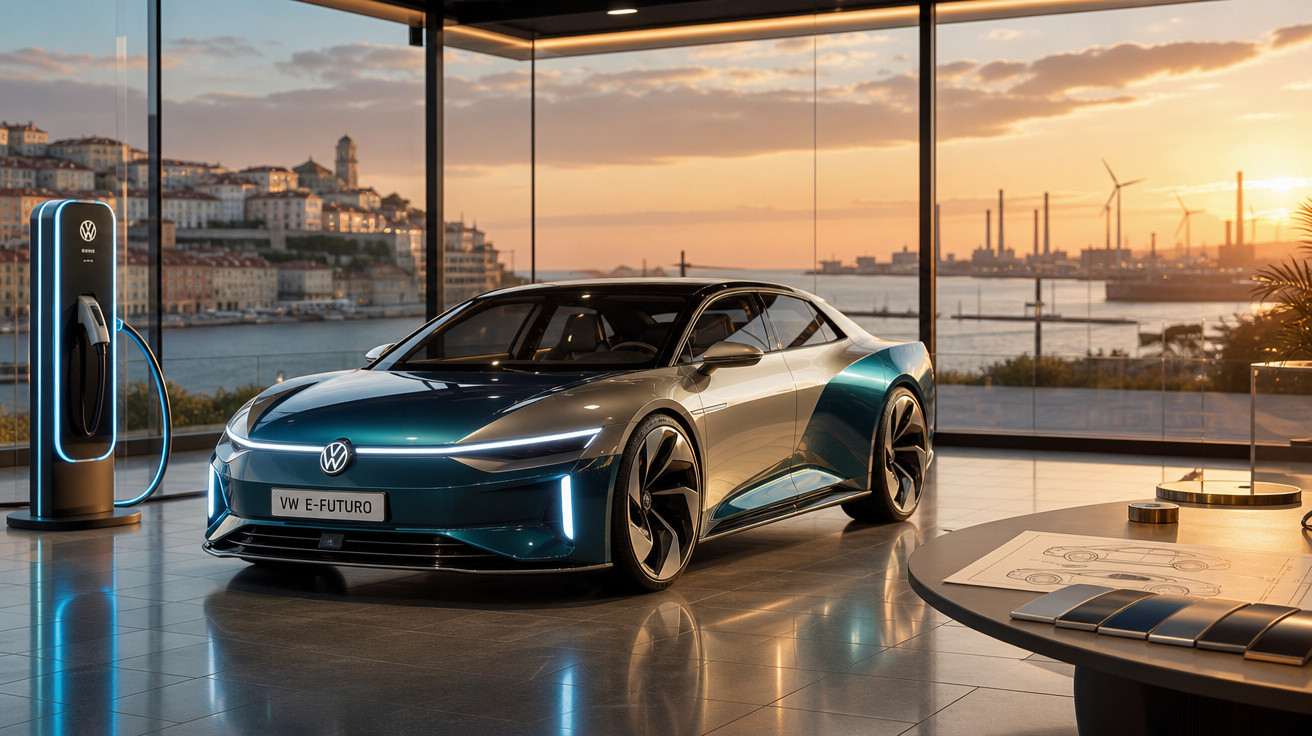 Carro elétrico VW E-Futuro azul e prata estacionado ao lado de carregador em sala com vista panorâmica ao pôr do sol.