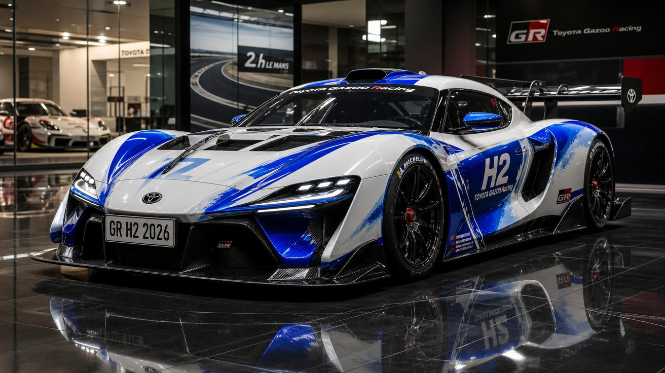 Carro de corrida Toyota Gazoo Racing H2 2026 branco e azul em piso espelhado, dentro de salão.