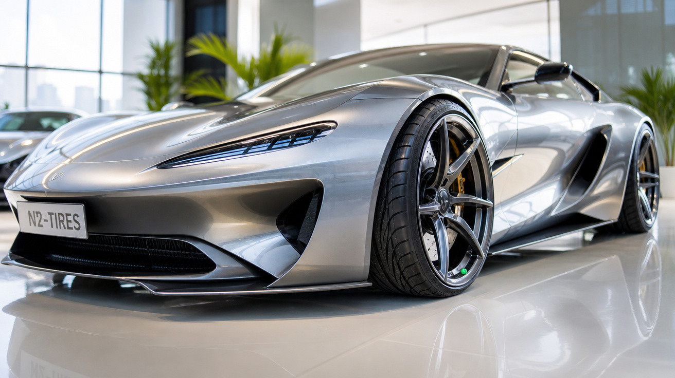 Carro esportivo prata com design aerodinâmico e rodas grandes em piso refletivo em ambiente interno.
