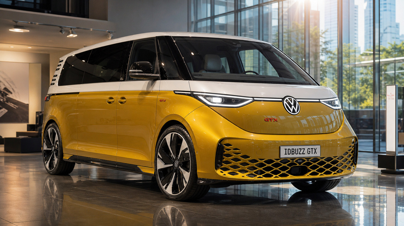 Volkswagen ID.Buzz GTX amarelo e branco exposto em showroom moderno com grandes janelas de vidro.
