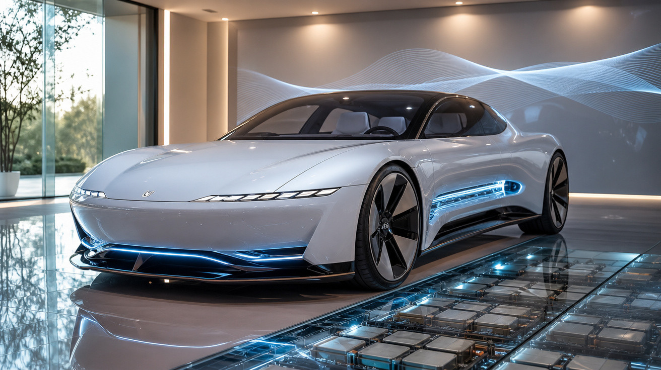 Carro esportivo elétrico branco com design futurista exibido em ambiente moderno com iluminação azul.
