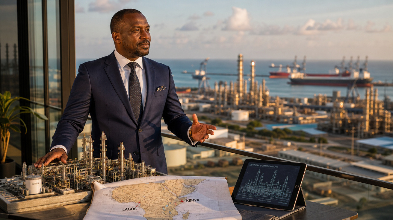 Homem de terno apresenta maquete e mapas com visão de refinaria e navios no porto ao fundo.