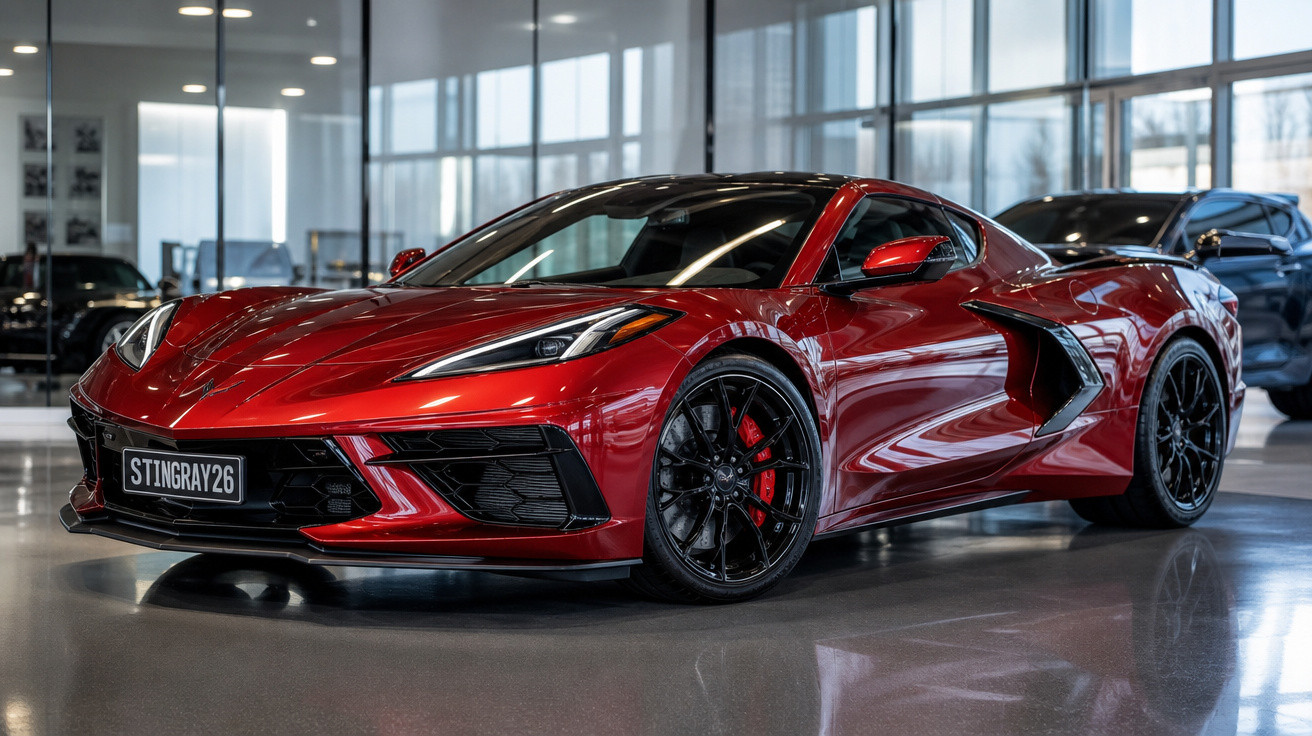 Carro esportivo vermelho brilhante estacionado em showroom com piso brilhante e janelas grandes ao fundo.