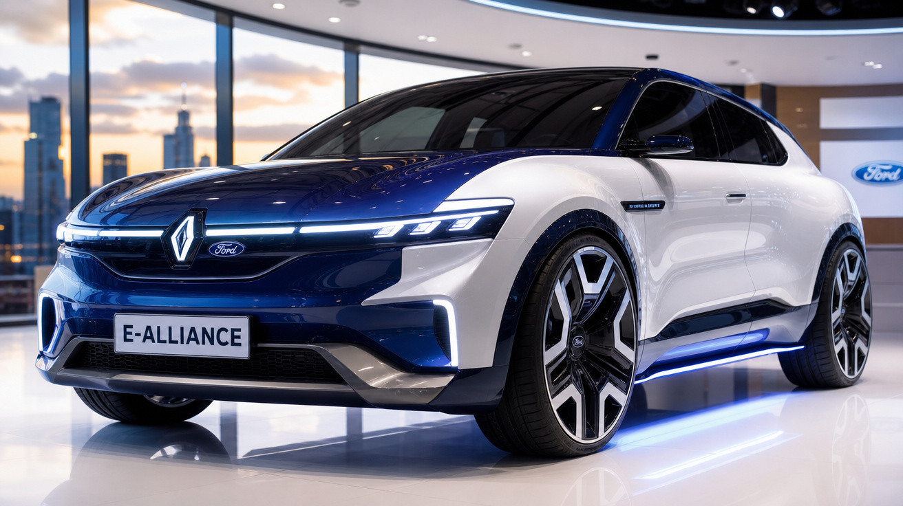 Carro elétrico conceito Renault E-Alliance branco e azul exibido em sala moderna com teto de vidro.
