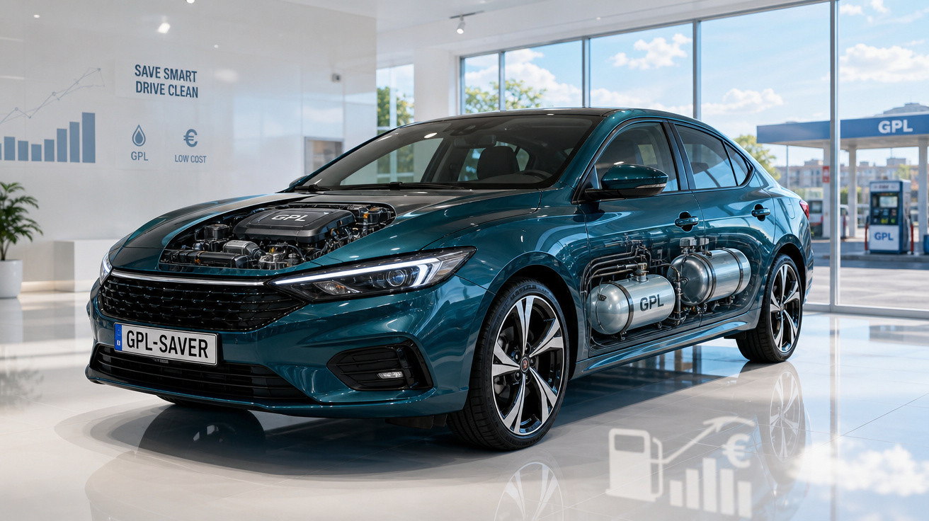 Carro sedã azul em showroom com sistema de motor e tanques de GPL visíveis em transparência.