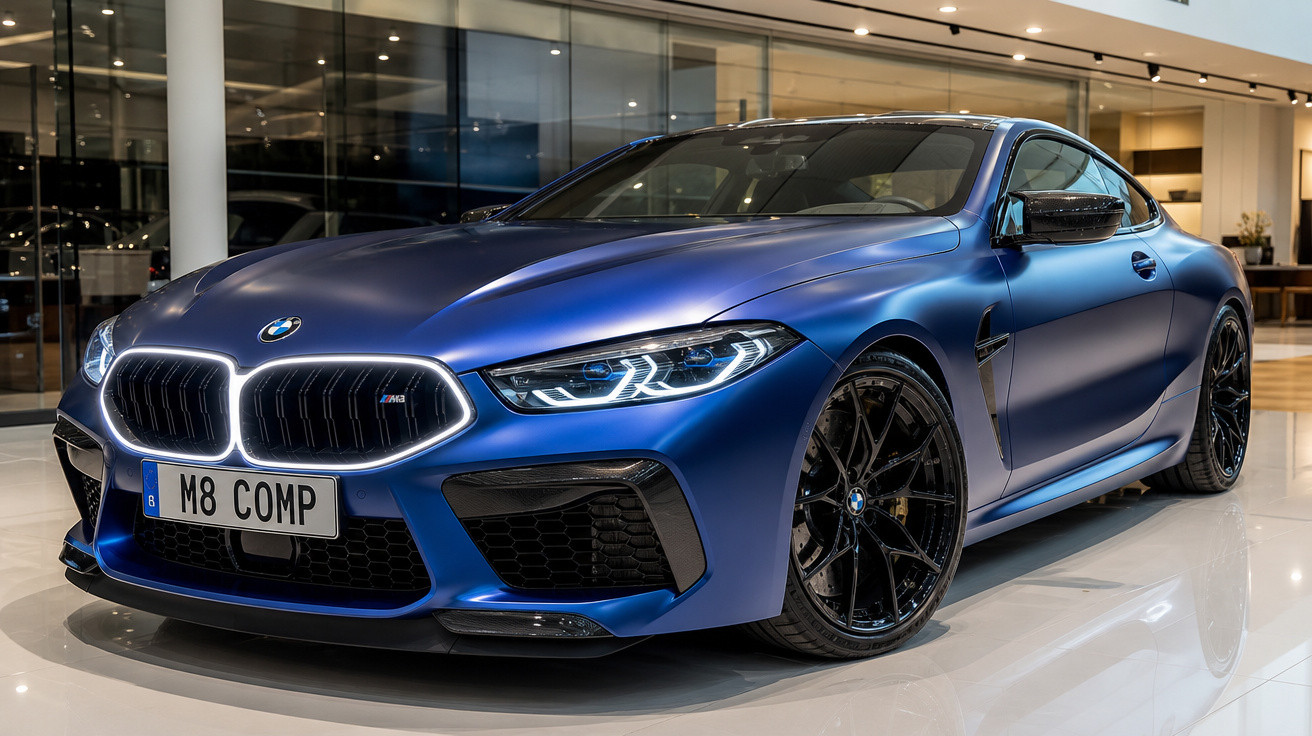 Carro esportivo BMW M8 azul metálico com rodas pretas em showroom iluminado.