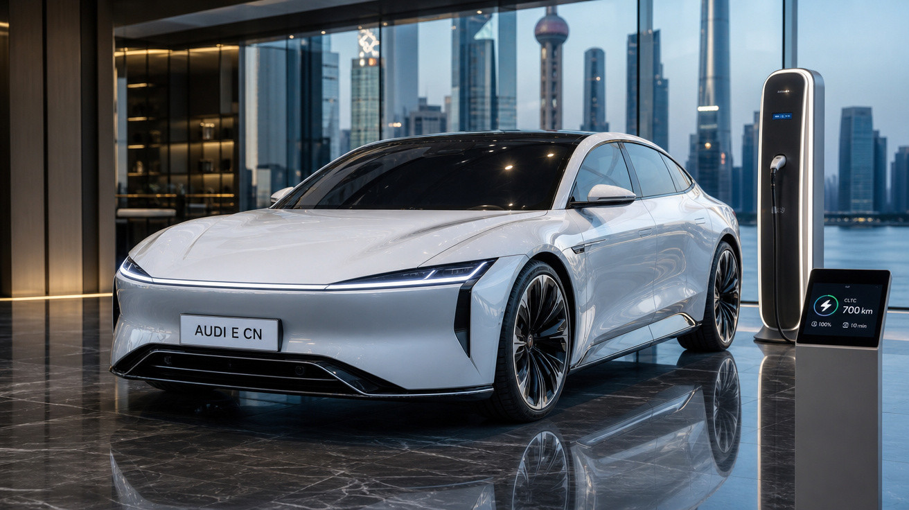Carro elétrico branco Audi E CN carregando em estação com cidade ao fundo.
