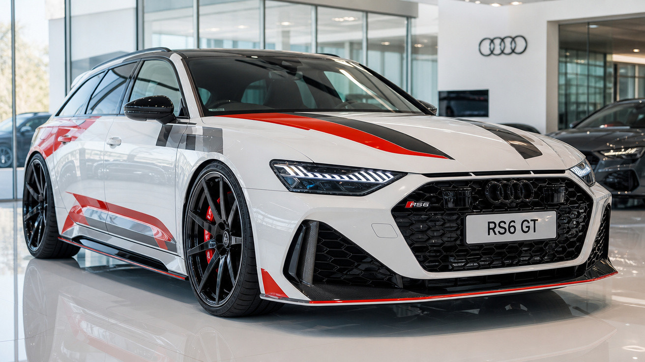 Carro esportivo Audi RS6 GT branco com detalhes em preto e vermelho em showroom moderno.