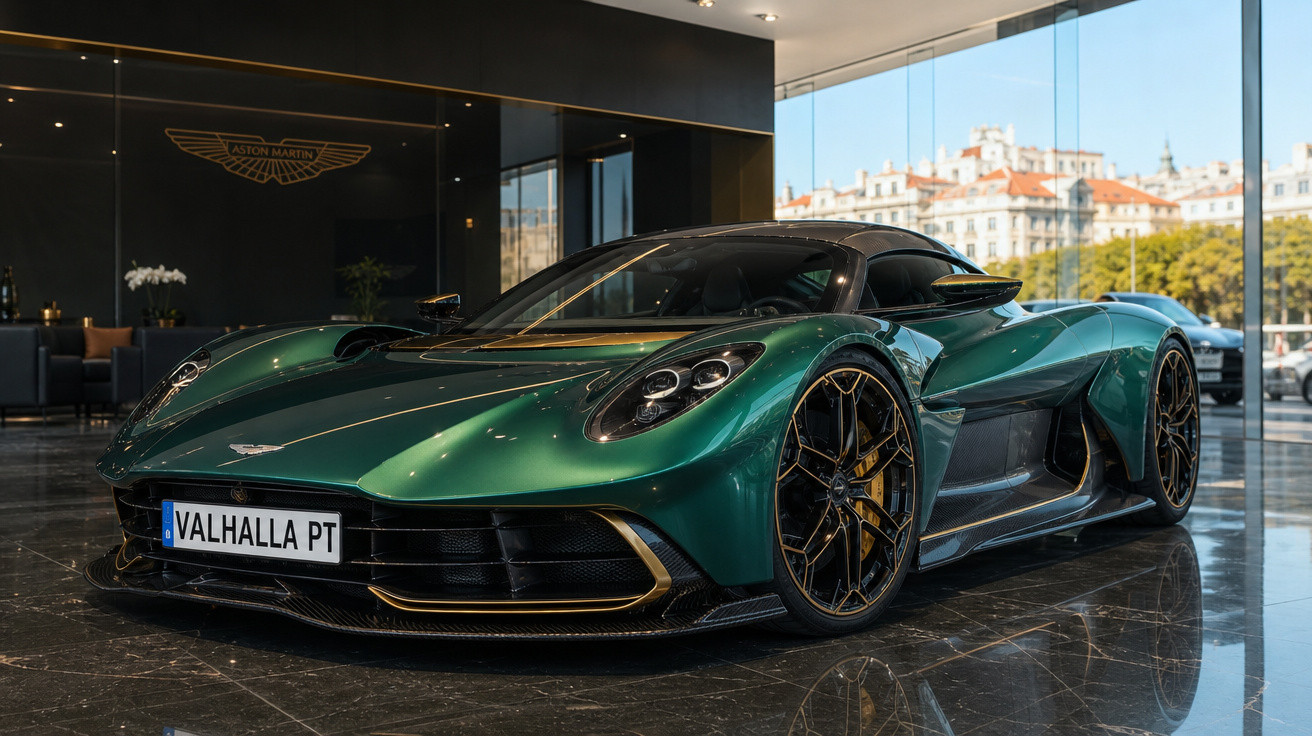 Carro esportivo Aston Martin Valhalla verde metálico exibido em showroom moderno com piso escuro.
