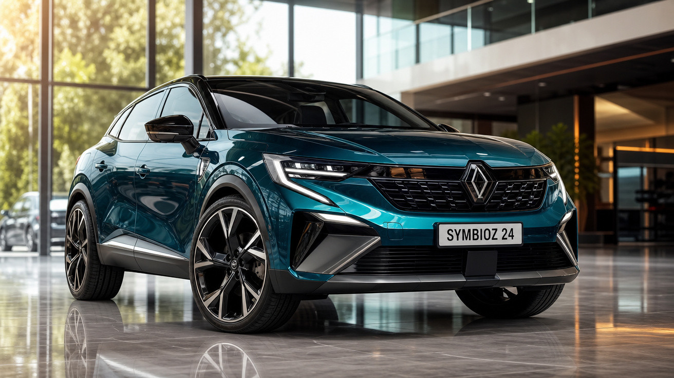 Carro elétrico Renault Symbioz 24 azul em showroom moderno com grandes janelas e chão refletivo.