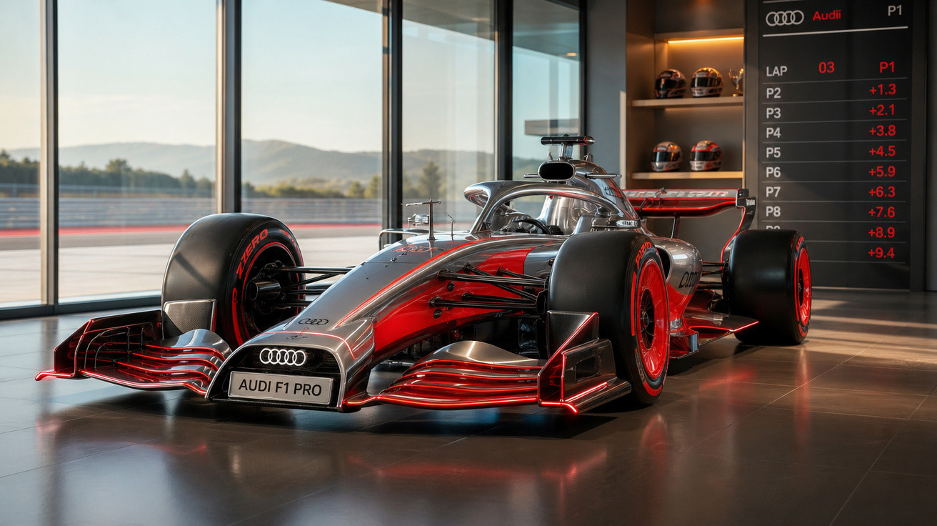 Carro de Fórmula 1 Audi F1 Pro prata e vermelho exibido em showroom com grande parede de vidro.