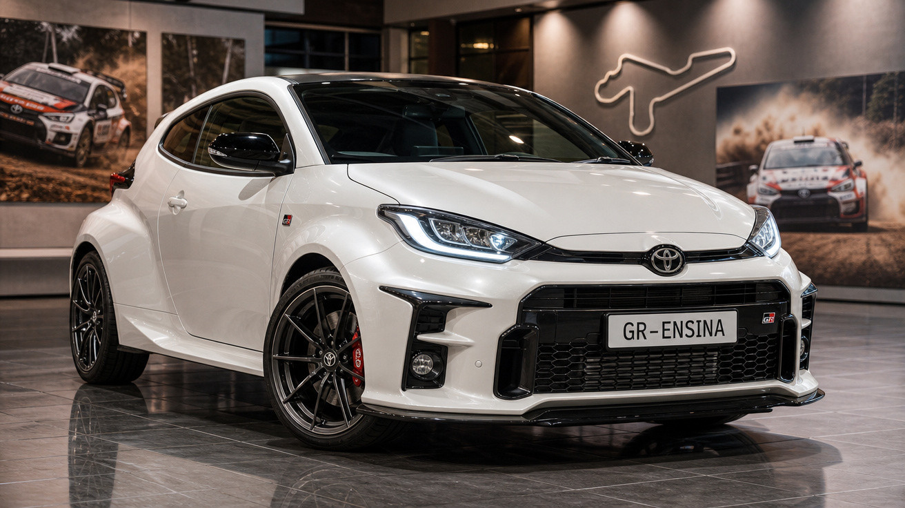 Carro esportivo branco Toyota GR Yaris em exposição com iluminação interna e placas "GR-ENSINA".