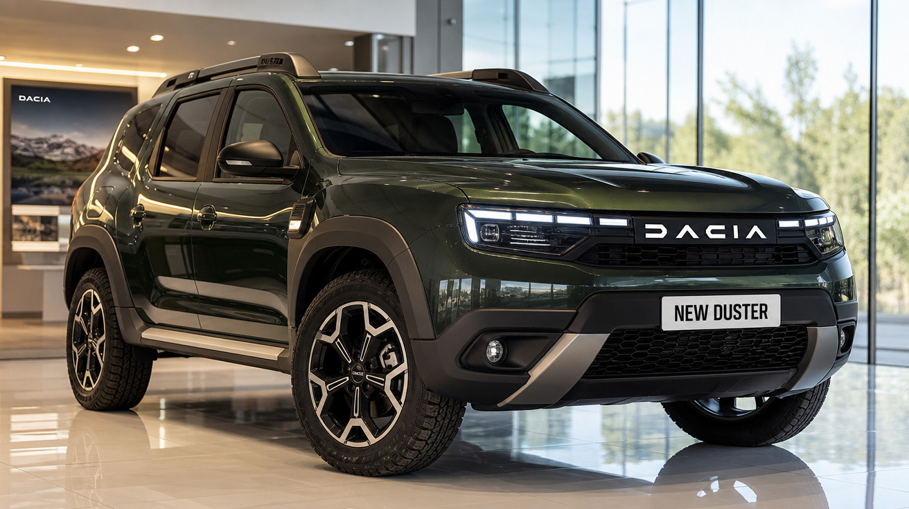 SUV Dacia New Duster verde escuro estacionado em showroom com luz natural e refletindo no chão brilhante.