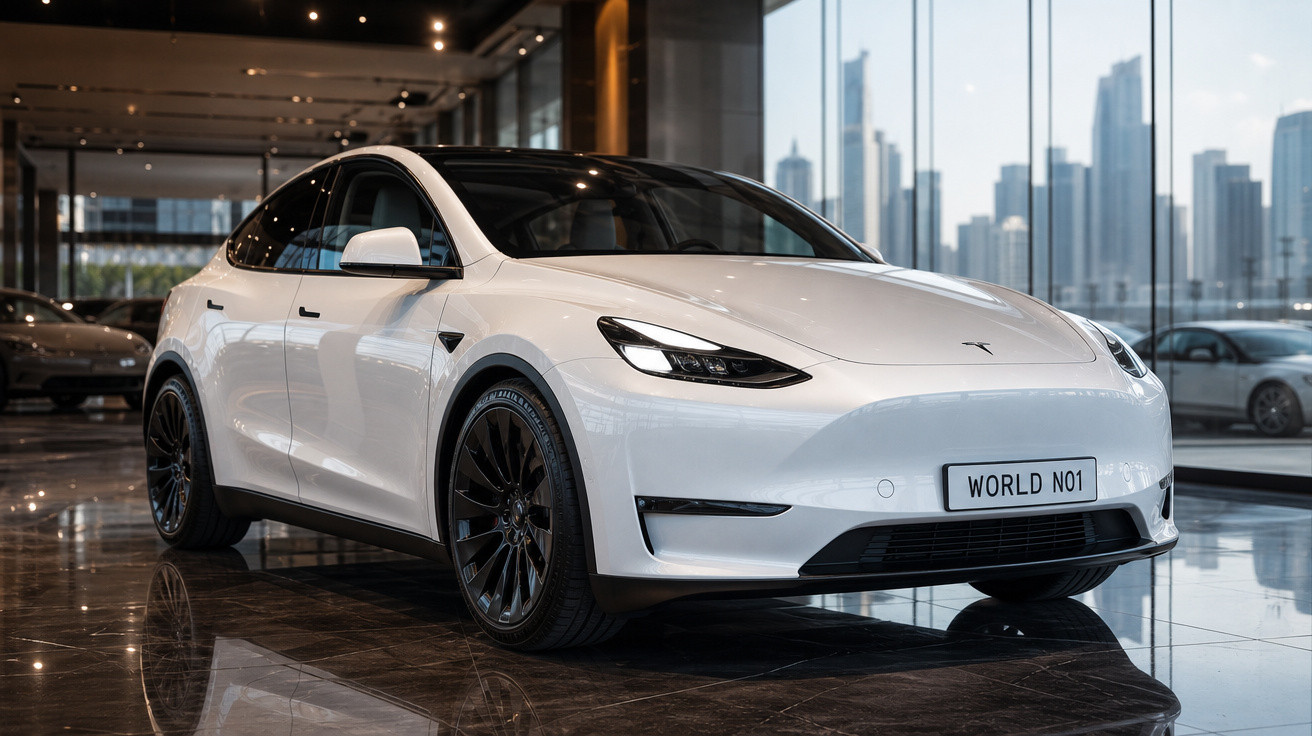 Carro elétrico Tesla branco em exposição, com placa personalizada WORLD NO1, em ambiente moderno com vidro e arranha-céus.