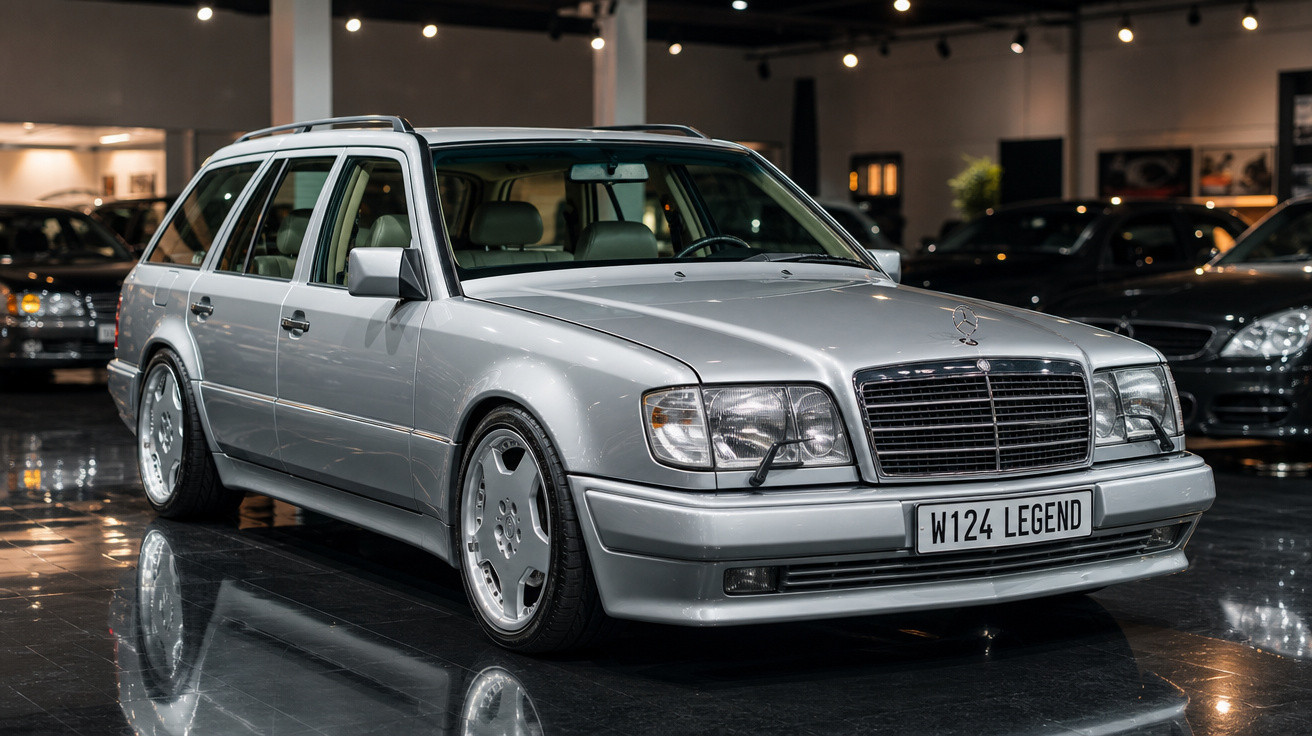 Mercedes-Benz W124 perua prata em showroom com placas personalizadas "W124 LEGEND"
