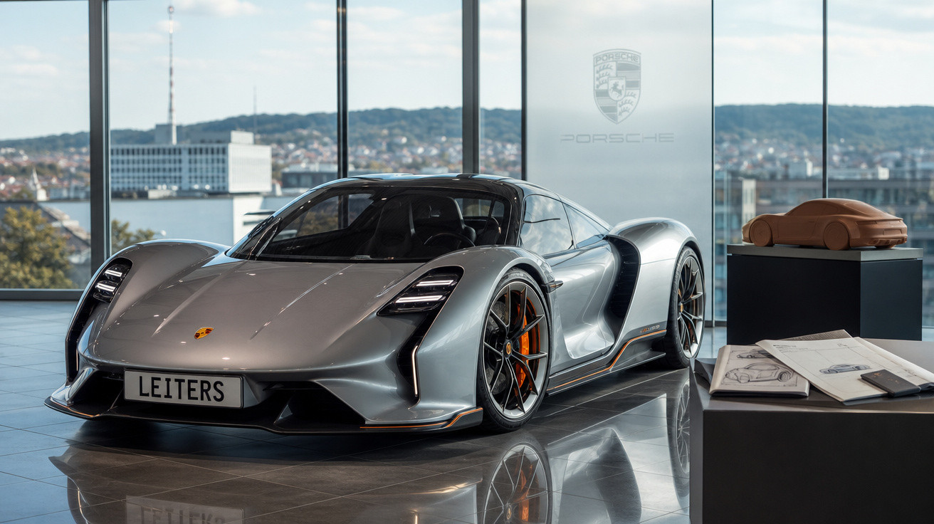 Carro esportivo prata Porsche elétrico exibido em showroom moderno com vista panorâmica da cidade ao fundo.