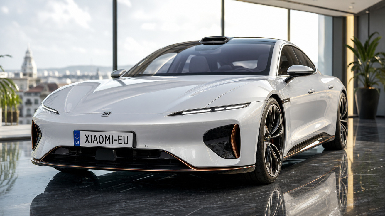 Carro elétrico esportivo branco com design futurista exibido em um showroom moderno.
