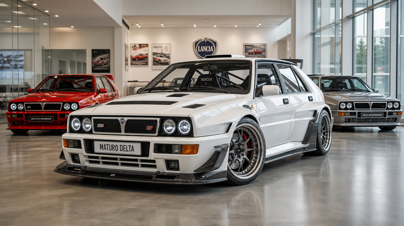 Carro esportivo branco Lancia Delta Integrale em exposição em salão com outros dois carros ao fundo.