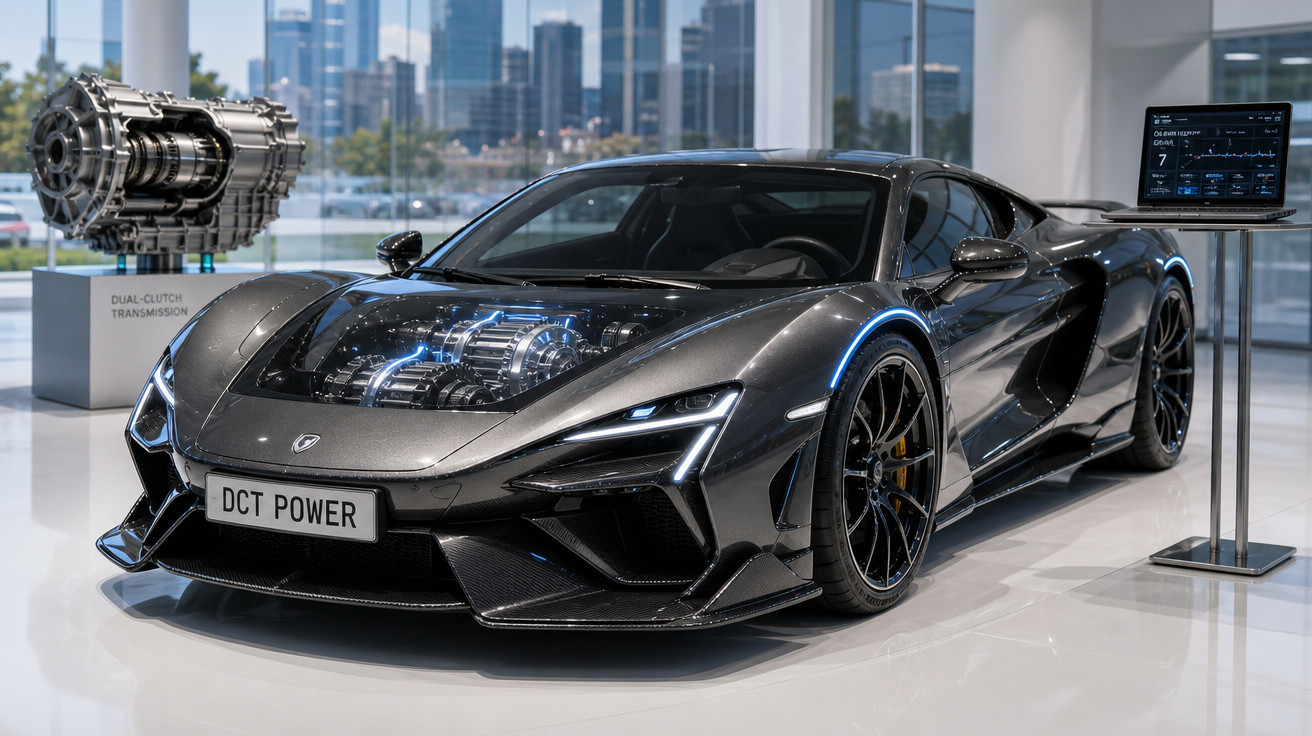 Carro esportivo preto com motor exposto e transmissão dupla embreagem em exibição interna.