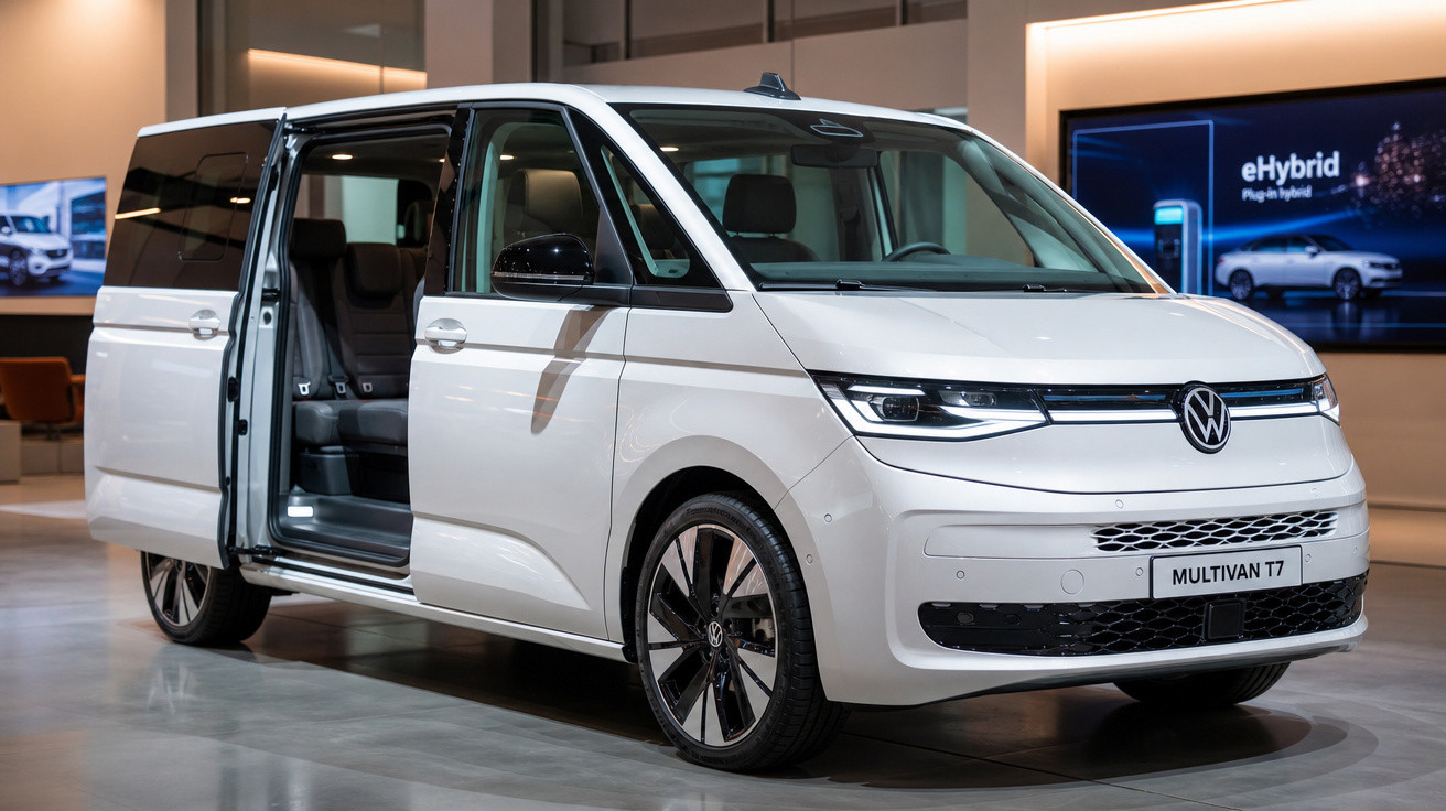 Furgão Volkswagen Multivan T7 branco com portas laterais abertas em ambiente interno iluminado.