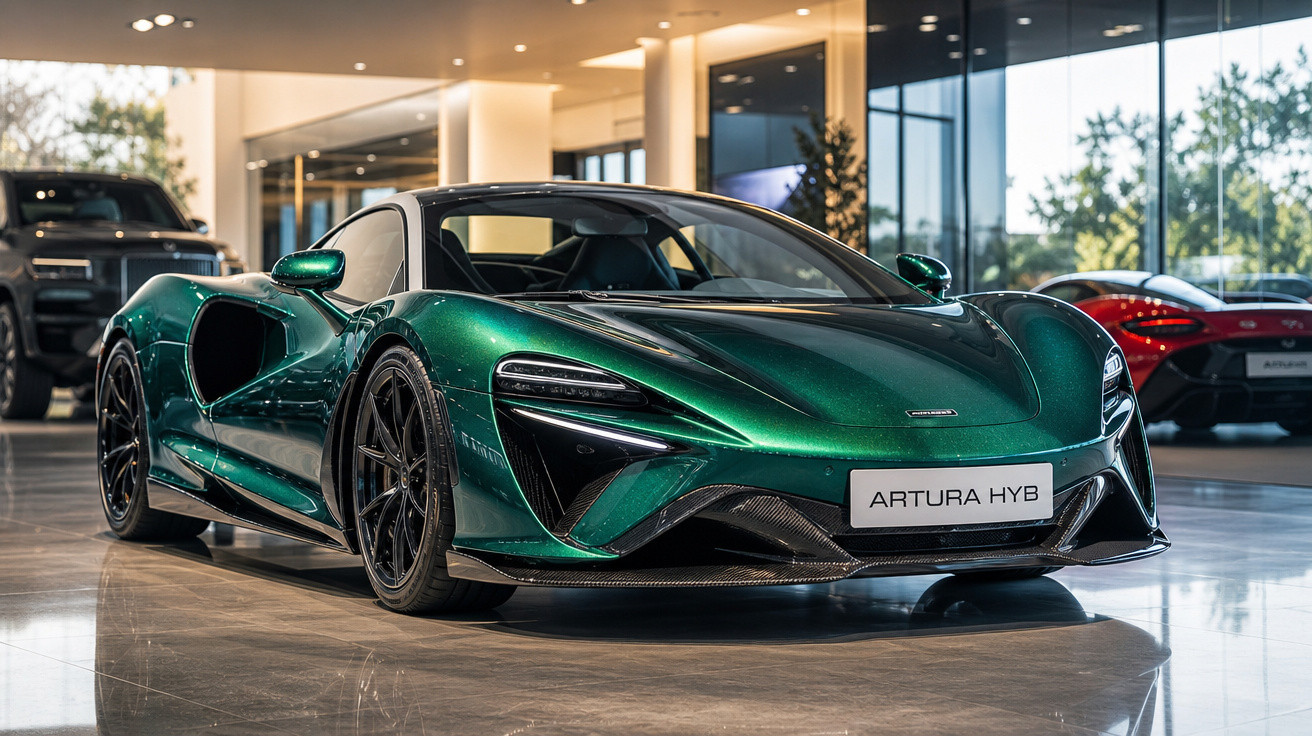 Carro esportivo verde metálico McLaren Artura HYB em showroom com piso refletivo e janelas amplas.