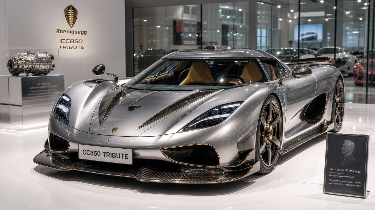 Carro esportivo Koenigsegg CC850 Tribute prata exibido em vitrine com iluminação moderna.