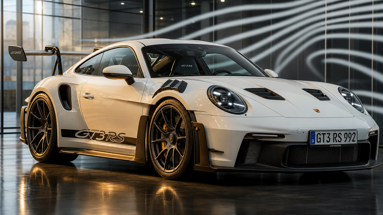 Carro esportivo Porsche 911 GT3 RS branco estacionado em ambiente interno contemporâneo.