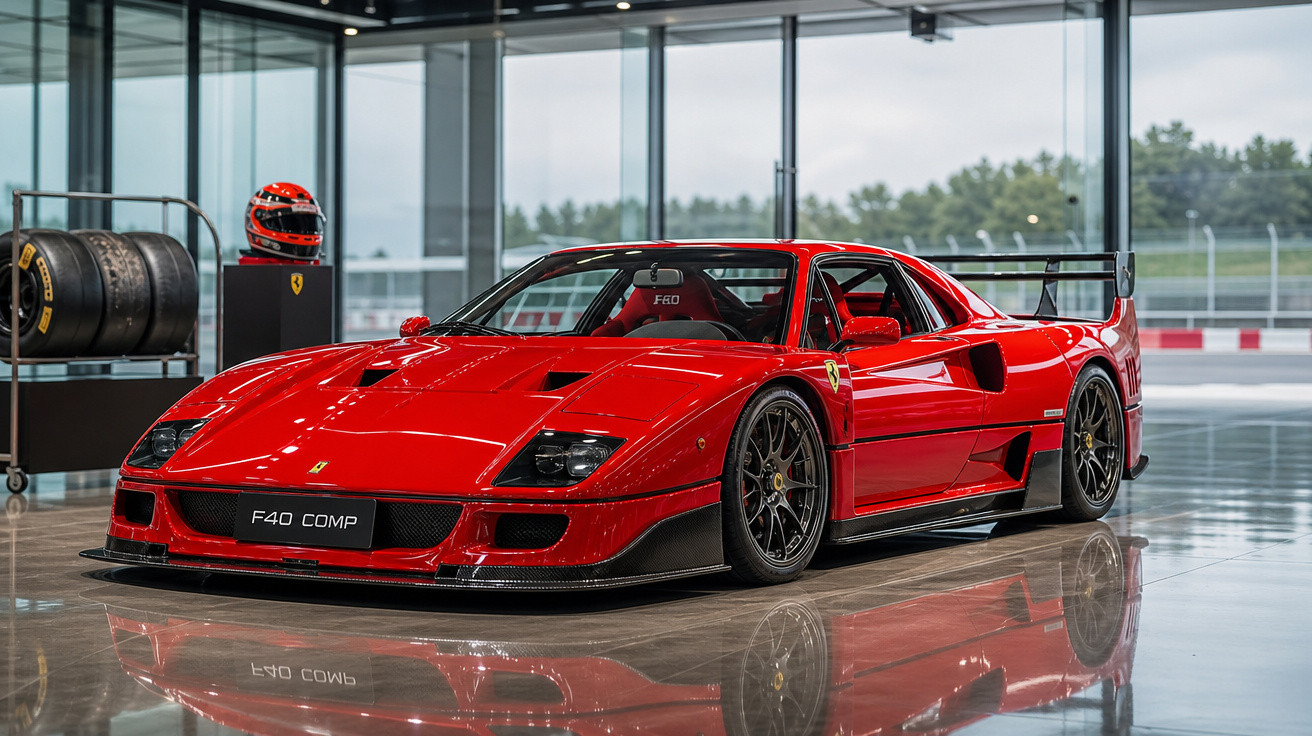 Carro esportivo vermelho Ferrari F40 Comp em exposição em ambiente interno moderno com pneus e capacete ao fundo.