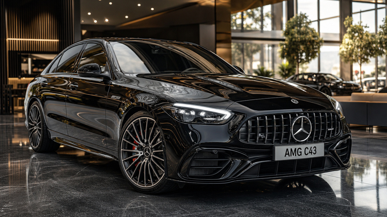 Carro preto Mercedes-Benz AMG C43 estacionado em showroom moderno com piso refletivo e iluminação suave.