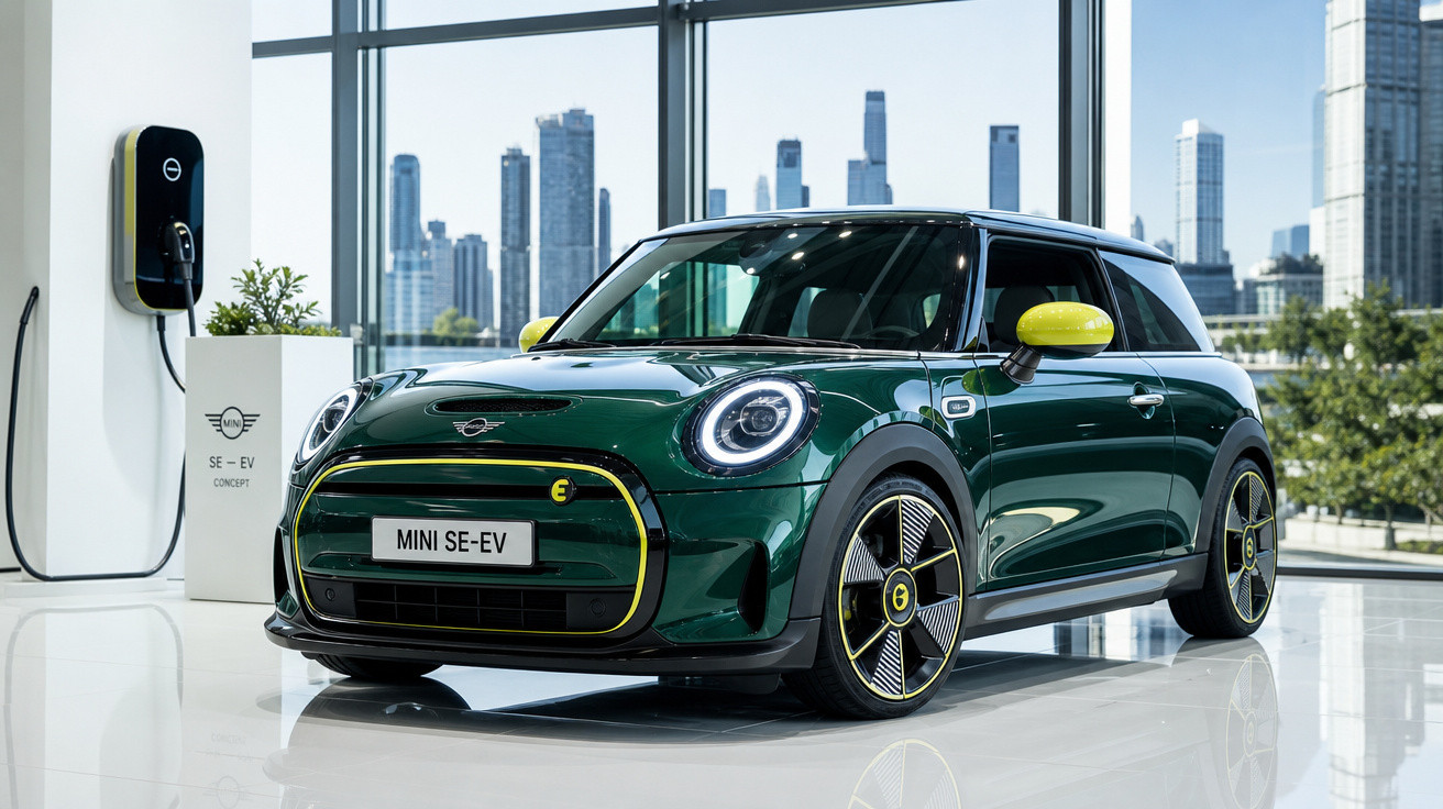 Carro elétrico MINI SE-EV verde com detalhes amarelos estacionado em showroom moderno com vista para arranha-céus.