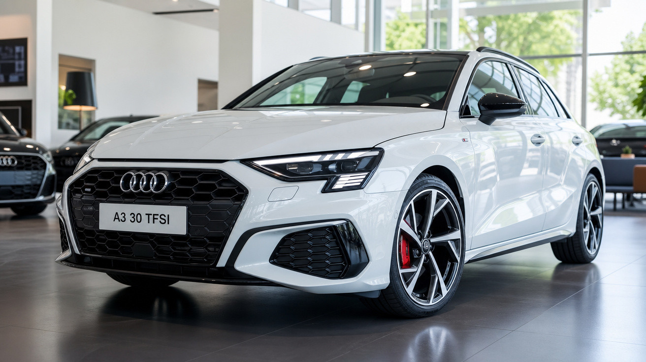 Carro Audi A3 30 TFSI branco exposto em showroom com rodas esportivas e detalhes em preto.