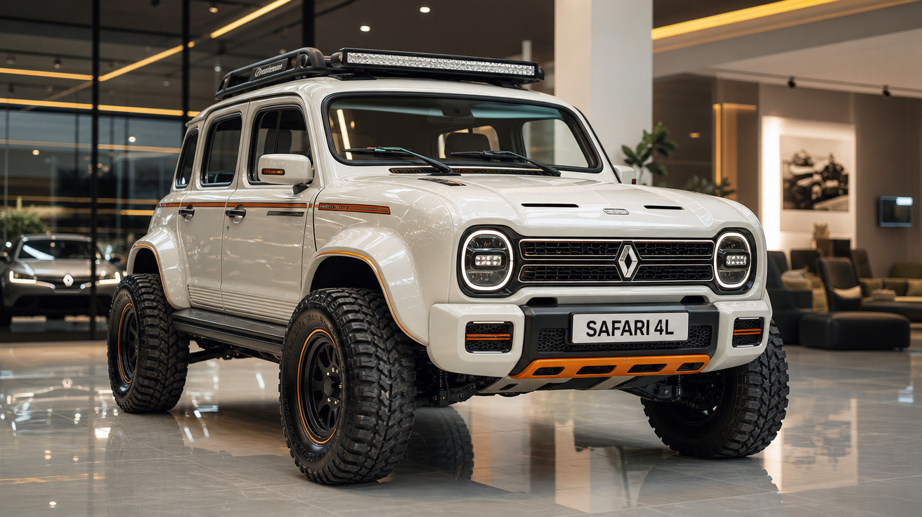 Carro branco Renault Safari 4L com pneus robustos, teto com bagageiro e luz de LED em showroom moderno.