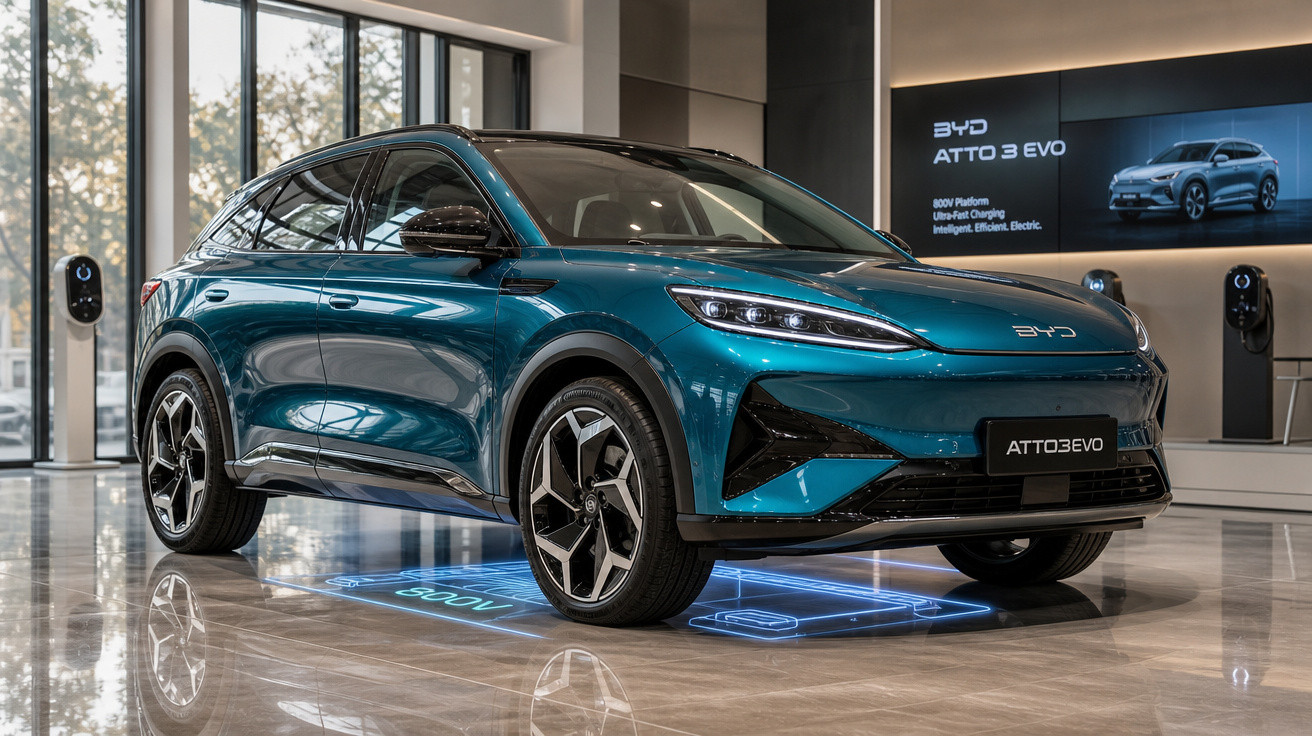 Carro elétrico azul BYD Atto 3 EVO em showroom moderno com piso refletivo e tela informativa ao fundo.