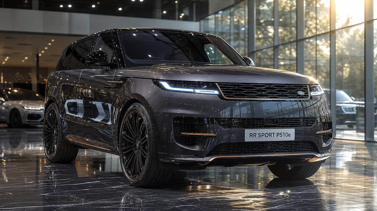 SUV preto Range Rover RR SPORT P510e em showroom com piso refletivo e iluminação natural pela janela.