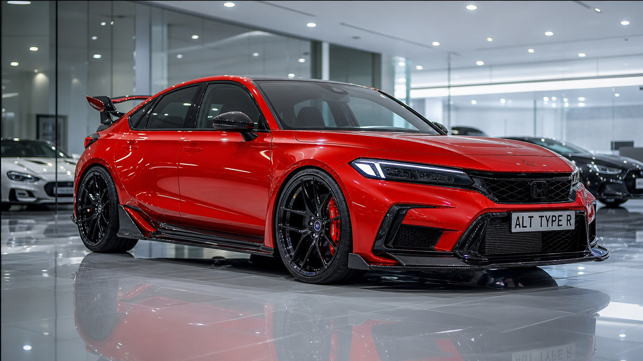 Carro esportivo vermelho Honda Civic Type R exibido em showroom moderno e iluminado.