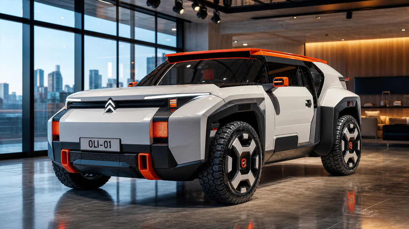 Carro elétrico Citroën OLI-01 branco com detalhes laranja em ambiente moderno e iluminação indireta.