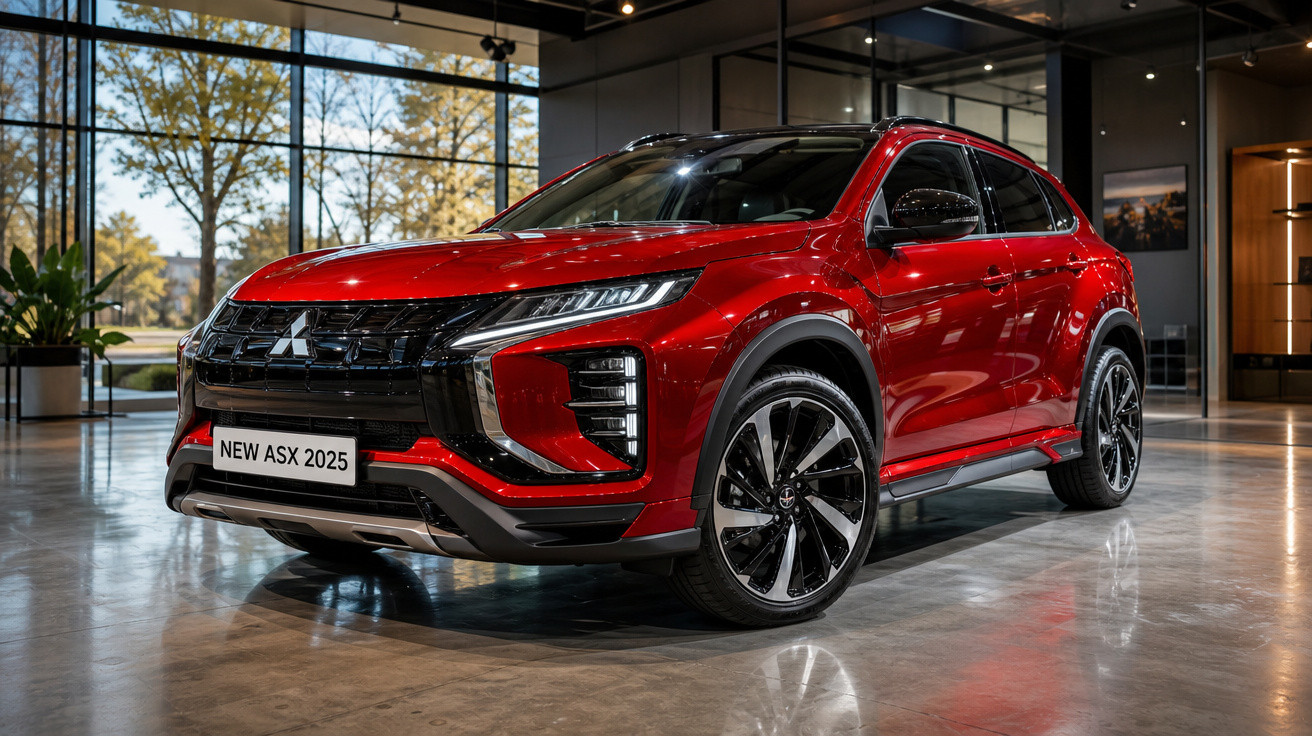 SUV vermelho Mitsubishi New ASX 2025 em exposição interna com piso refletivo e ambiente moderno.