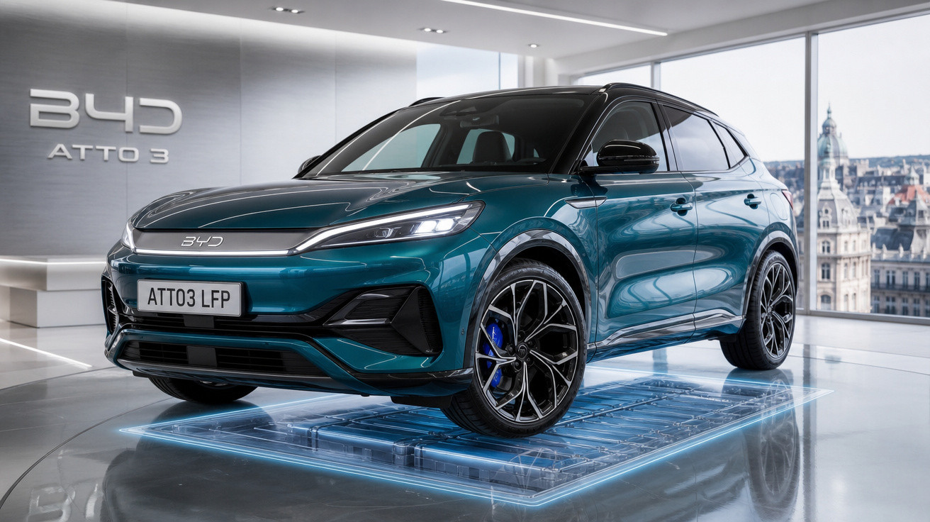 SUV elétrico BYD Atto 3 azul em showroom moderno com painel de vidro e vista urbana ao fundo.