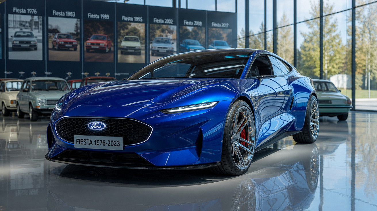 Carro esportivo azul Ford Fiesta 2023 em exposição, com painel mostrando modelos Fiesta de 1976 a 2017.