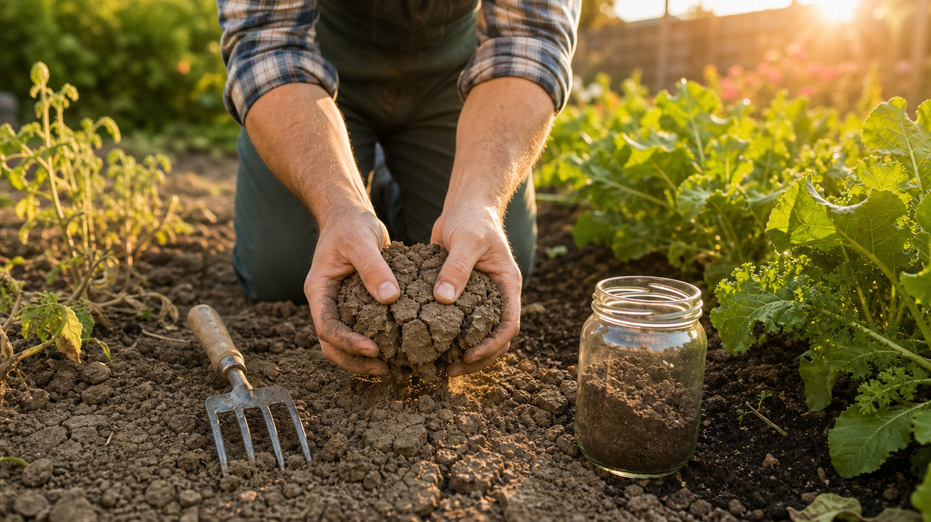 Pessoa agachada segurando terra seca com ferramentas de jardinagem e plantas ao redor ao pôr do sol.