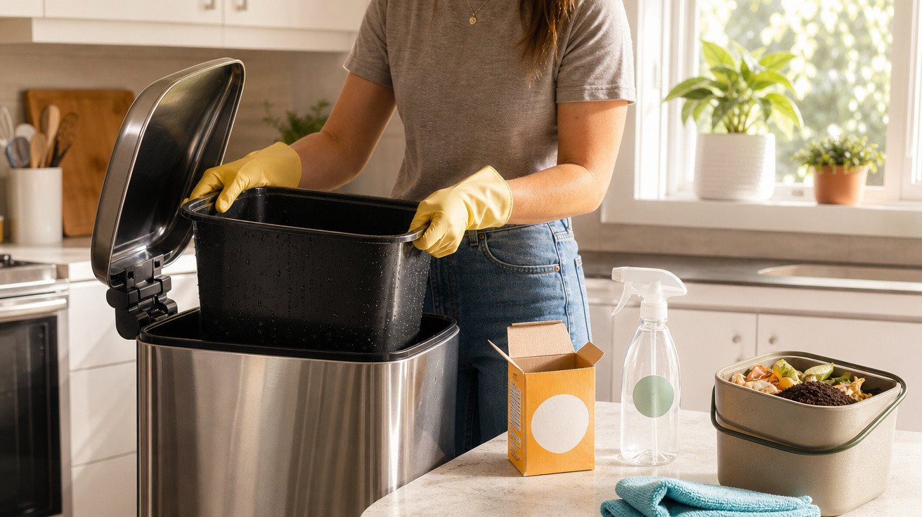 Pessoa usando luvas amarelas removendo balde interno de lata de lixo inox na cozinha com itens de limpeza na bancada.